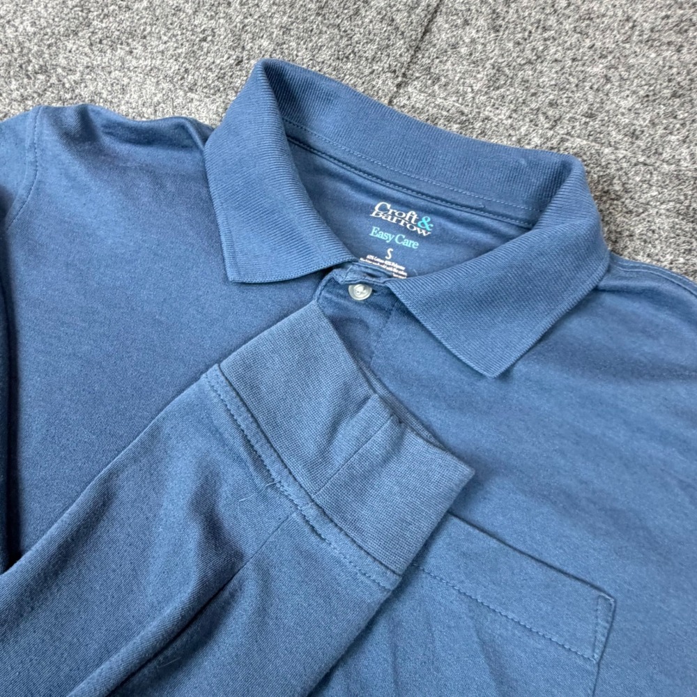 Croft & Barrow Mens Easy Care Long Sleeve Polo‎ Shirt Blue Small Pocket Jersey